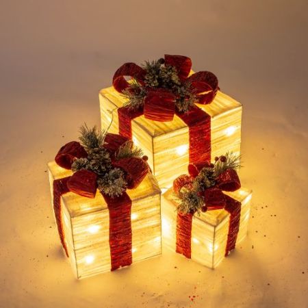 3 Set LED Light Up Xmas Gift Boxes With Red Bows