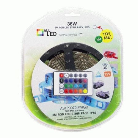 All LED Strippack RGB Blister Pack 7.2w/M 5 Meter LED Strip Pack, RGB, IP65, Includes Driver