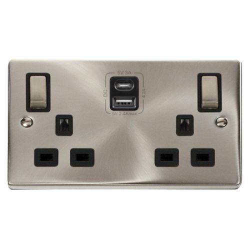 Click Deco Victorian Satin Chrome 1G 13A SW Socket 4.2A A&C USB Ingot Vp Black