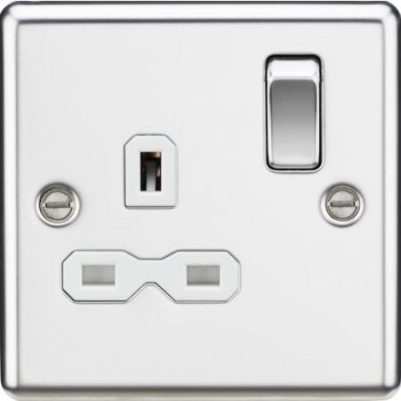 Knightsbridge 13A 1G DP Switched Socket With White Insert - Rounded Edge Polished Chrome