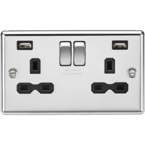 Knightsbridge 13A 2G Switched Socket With Dual USB Charger A + A (2.4a) - Polished Chrome With Black Insert