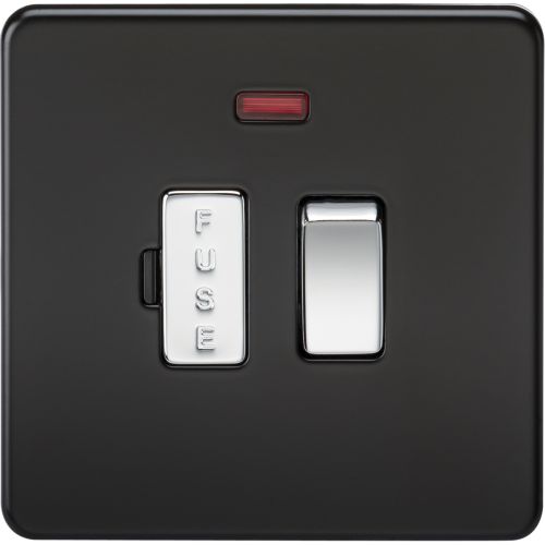 Knightsbridge Screwless 13A Switched Fused Spur Unit With Neon - Matt Black With Chrome Rocker