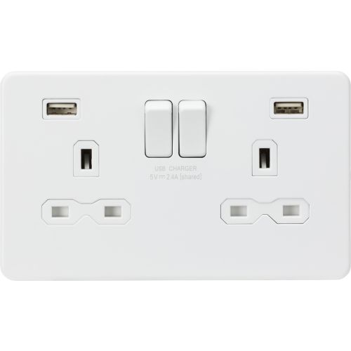 Knightsbridge Screwless 13A 2G Switched Socket With Dual USB Charger A + A (2.4a) - Matt White