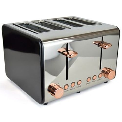 Kitchen Perfected 4 Slice Wide Slot Toaster - Black & Rose Gold Steel
