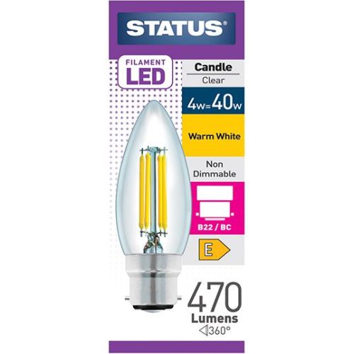 Status LED Filament Candle 4w=40w BC Clear W/W Pk10