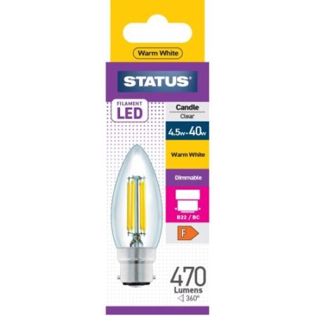 Status LED Filament Candle 4w=40w BC Dimmable Clear W/W Pk10