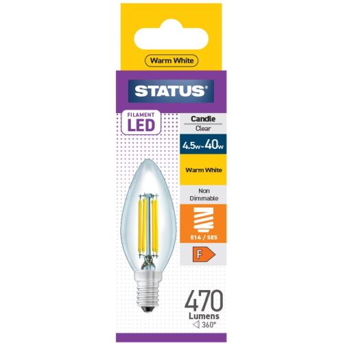 Status LED Filament Candle 4.5w=40w SES Clear W/W Pk10