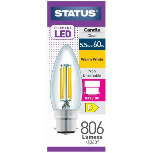 Status LED Filament Candle 5.5w=60w BC Clear W/W Pk10