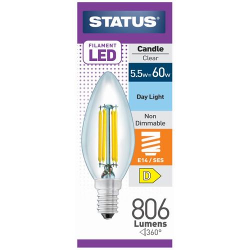 Status LED Filament Candle 5.5w=60w SES Clear Daylight Pk10
