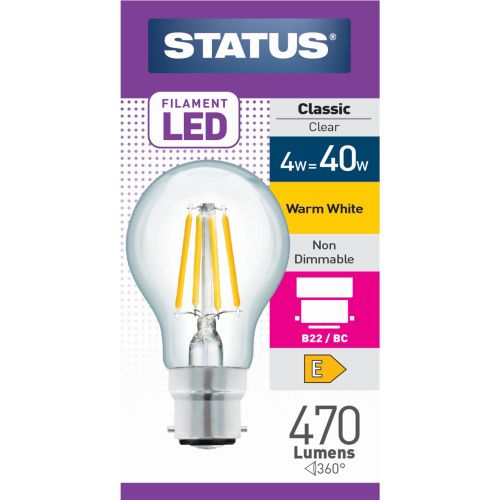 Status LED Filament GLS 4w=40w BC Clear W/W Pk10