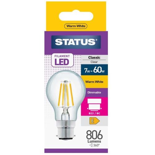 Status LED Filament GLS 7w=60w BC Dimmable Clear W/W Pk10