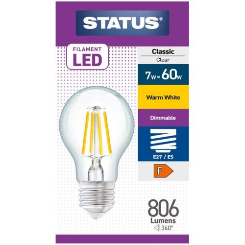 Status LED Filament GLS 6.5w=60w ES Dimmable Clear W/W