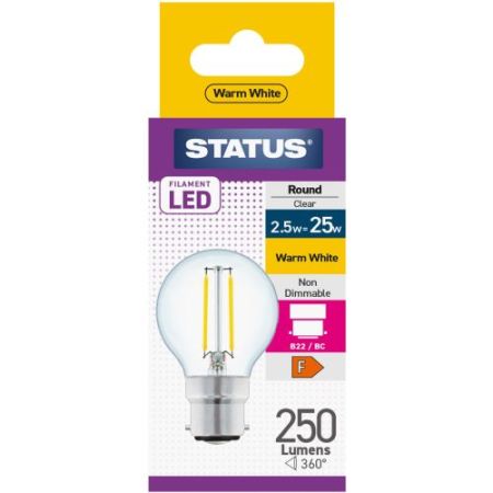 Status LED Filament Golfball 2w=25w BC Clear W/W Pk10