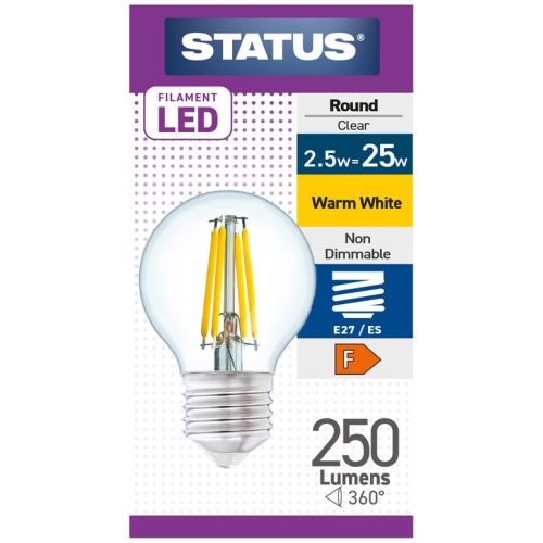 Status LED Filament Golfball 2w=25w ES Clear W/W Pk10