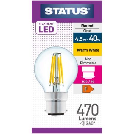 Status LED Filament Golfball 4w=40w BC Clear W/W Pk10