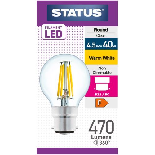 Status LED Filament Golfball 4w=40w BC Clear W/W Pk10