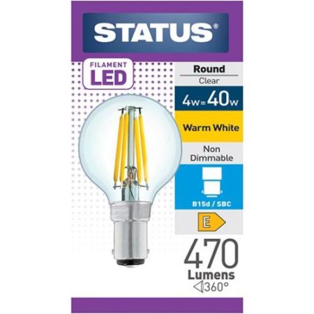 Status LED Filament Golfball 4w=40w Sbc Clear W/W Pk10