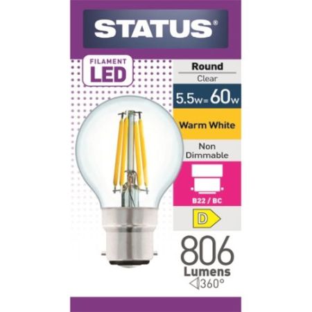 Status LED Filament Golf 5.5w=60w BC Clear W/W Pk10