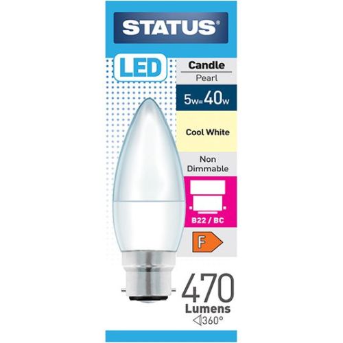 Status LED Candle 5w=470l=40w BC Opal C/W Pk10