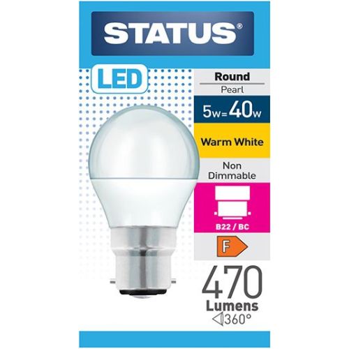 Status LED Golfball 5w=470l=40w BC Opal W/W Pk10