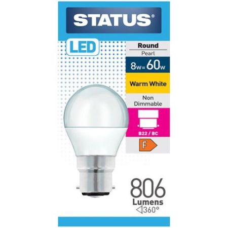 Status LED Golfball 8w=806l=60w BC Opal W/W Pk10
