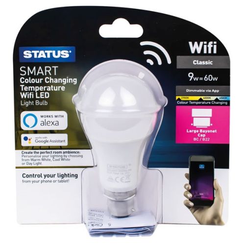 Status Smart LED GLS 9w=60w=806lm. BC Dimmable CCT Pearl