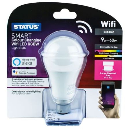 Status Smart LED GLS 9w=60w=806lm. BC Dimmable RGB + W Pearl