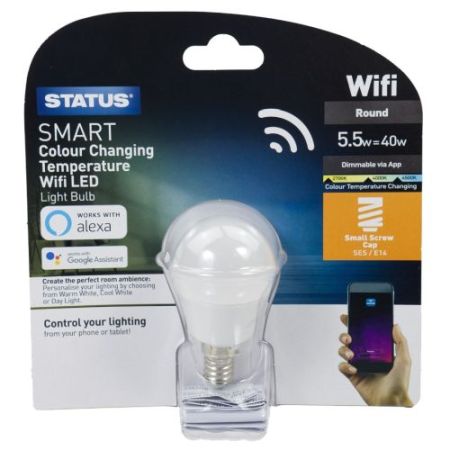 Status Smart LED Golfball 5.5w=40w=470lm. SES Dimmable CCT Peal