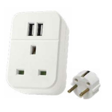 Status Mains Euro To Uk Socket + 2 USB Socket Adaptor