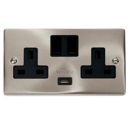 Click Deco Victorian Satin Chrome 13A 1G SW Socket With 2.1A USB Sc Black