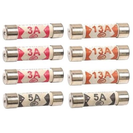 8 Pack Mixed Plug Top Fuses - 3 X 3 Amp, 2 X 5 Amp, 3 X 13 Amp