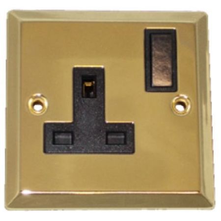 Plain Brass 1G Switched Socket (Black Ins)
