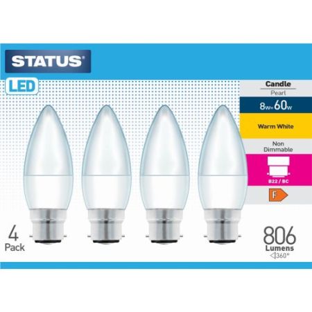 Status LED Candle BC 8w=60w=806l Opal Warm White 4pack