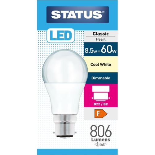 STATUS LED GLS A60 8.5W=806L=60W BC OPAL C/W DIM