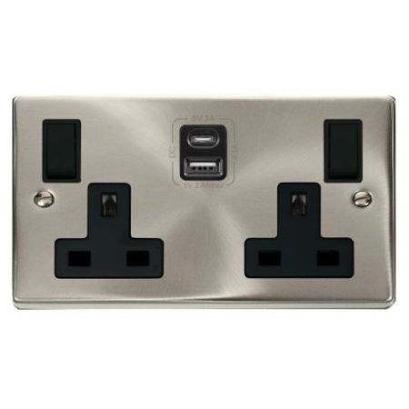 Click Deco Victorian Satin Chrome 1G 13A SW Socket 4.2A A&C USB Vp Black