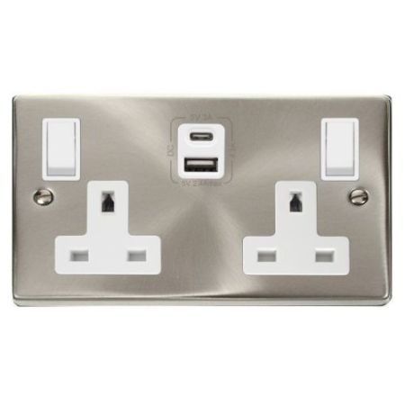 Click Deco Victorian Satin Chrome 1G 13A SW Socket 4.2A A&C USB Vp Wh