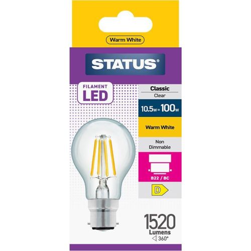 Status LED Filament GLS 11w=100w BC Clear W/W Pk10