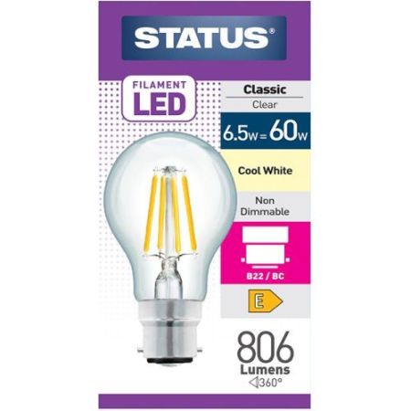 Status LED Filament GLS 6.5w=60w BC Clear C/W Pk10