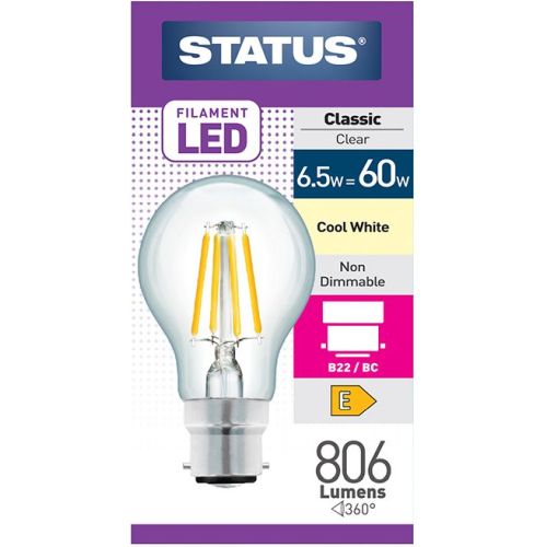 Status LED Filament GLS 6.5w=60w BC Clear C/W Pk10